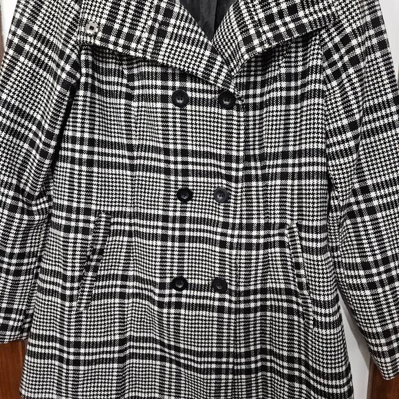 Yoki Plaid Womens Pea Coat Black White Double Breasted Wool Blend Size Large - Picture 5 of 9